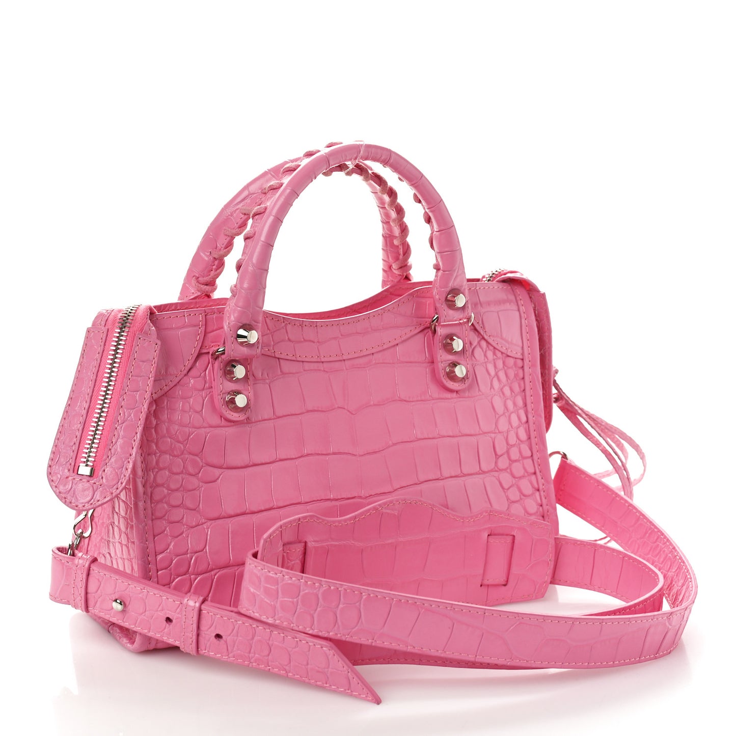 Shiny Supple Calfskin Crocodile Embossed Classic Silver Hardware Mini City Baby Pink