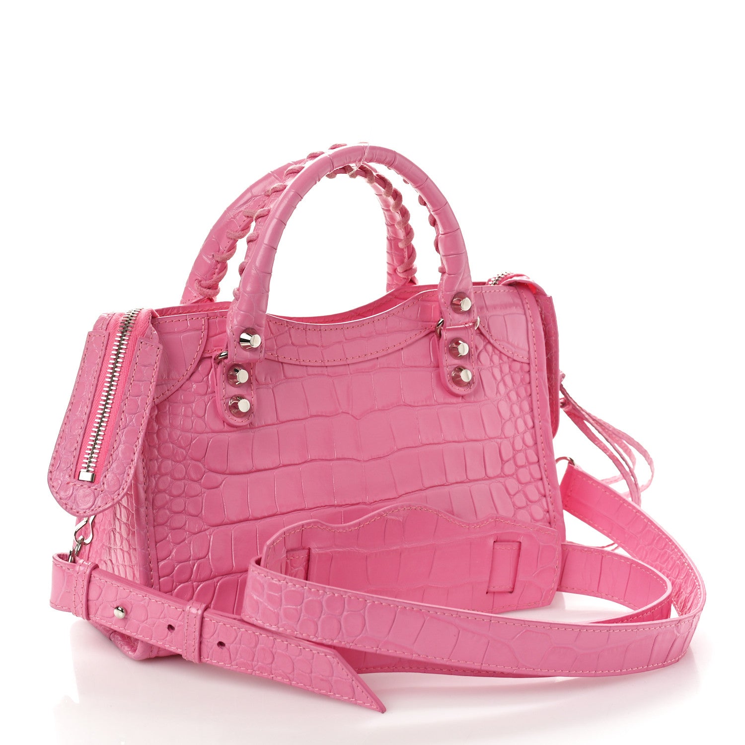 Balenciaga Shiny Supple Calfskin Crocodile Embossed Classic Silver Hardware Mini City Baby Pink 2 of 9