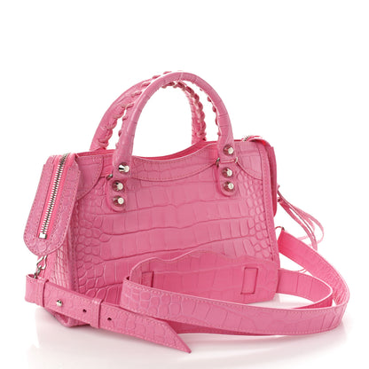 Balenciaga Shiny Supple Calfskin Crocodile Embossed Classic Silver Hardware Mini City Baby Pink 2 of 9