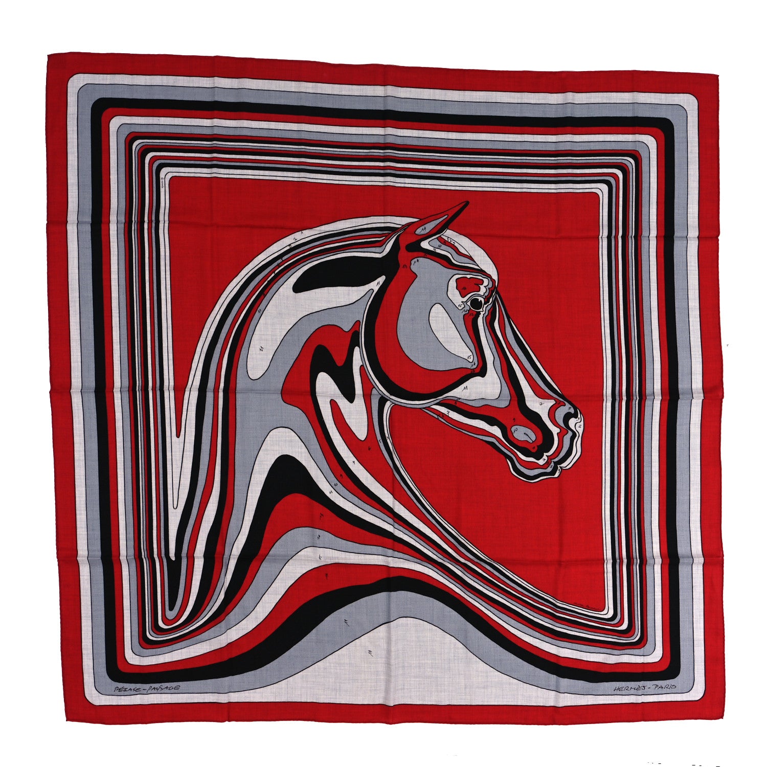 Hermes Cashmere Silk Pegase Paysage Shawl 140 Rouge Gris Chine Noir 1 of 4