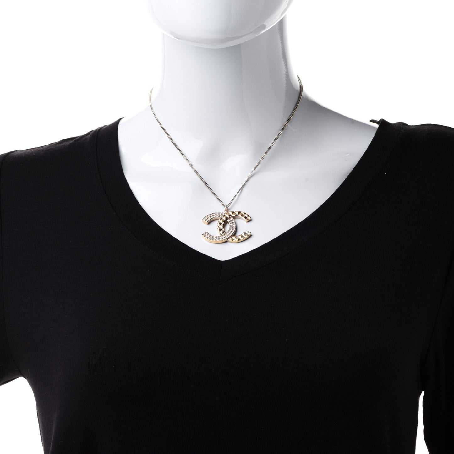 Baguette Crystal Quilted CC Pendant Necklace Gold