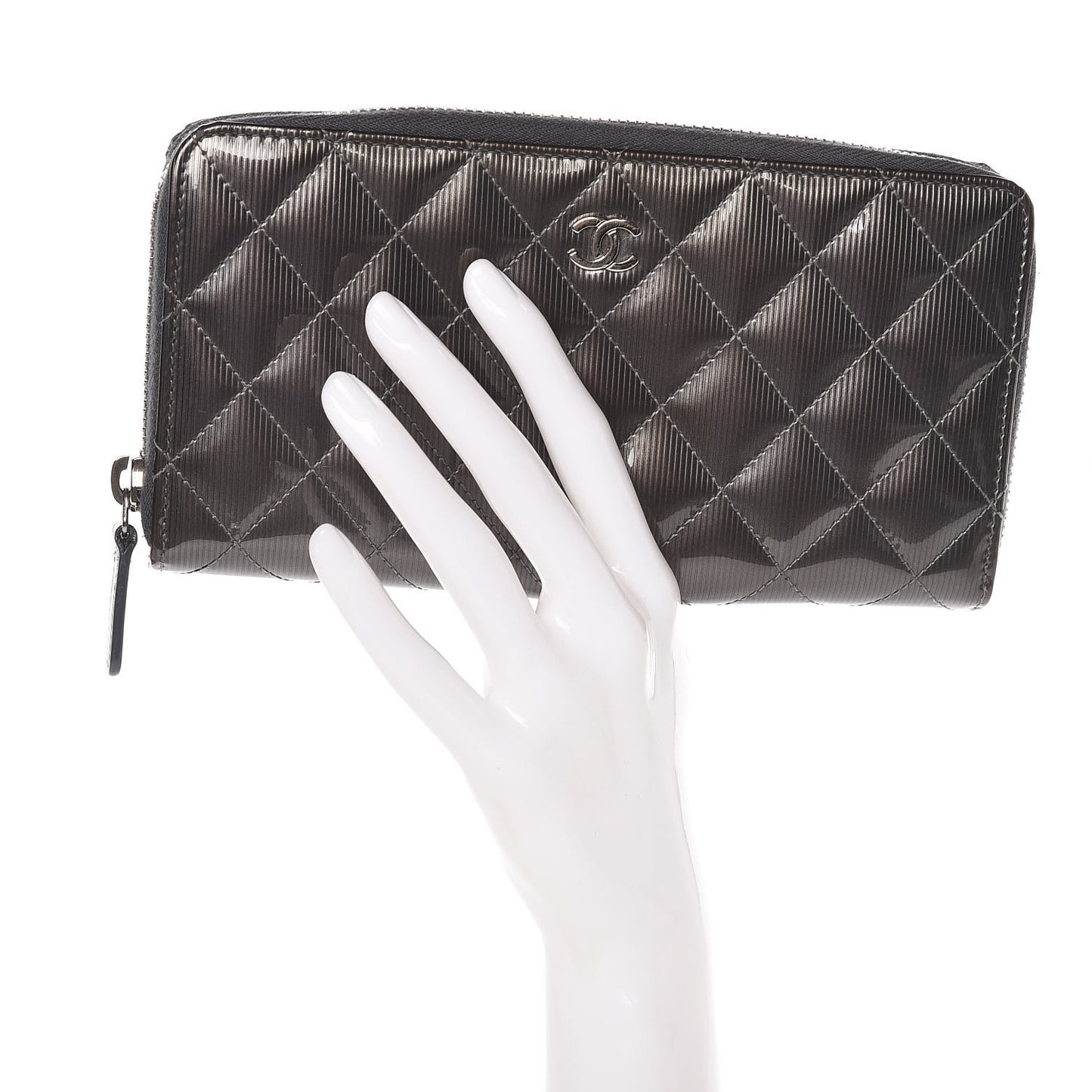 Striated Patent Zip Around Wallet Dark Grey