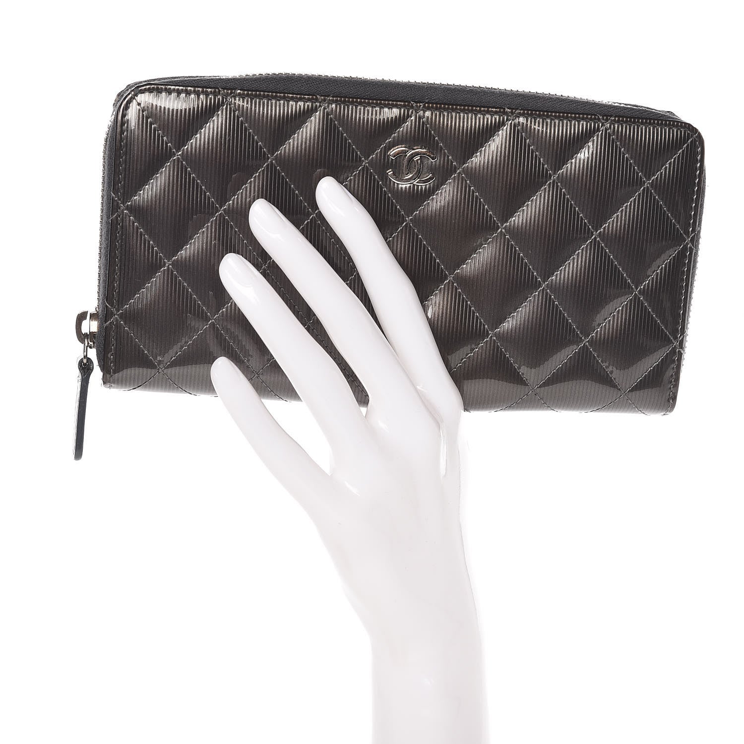 Chanel Striated Patent Zip Around Wallet Dark Grey 2 of 8