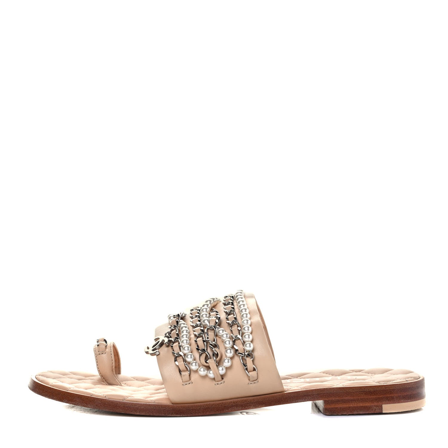 Chanel Pearl Lambskin Chain Flat Sandals 39 Beige 1 of 8