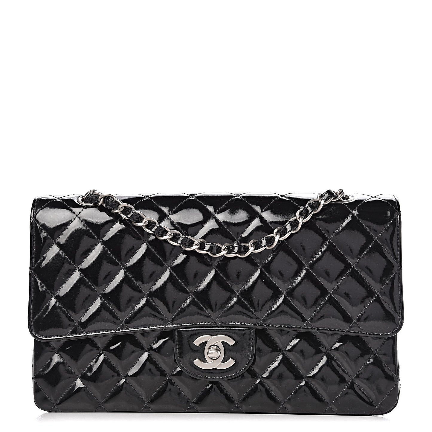 Patent Quilted Medium Double Flap Black
