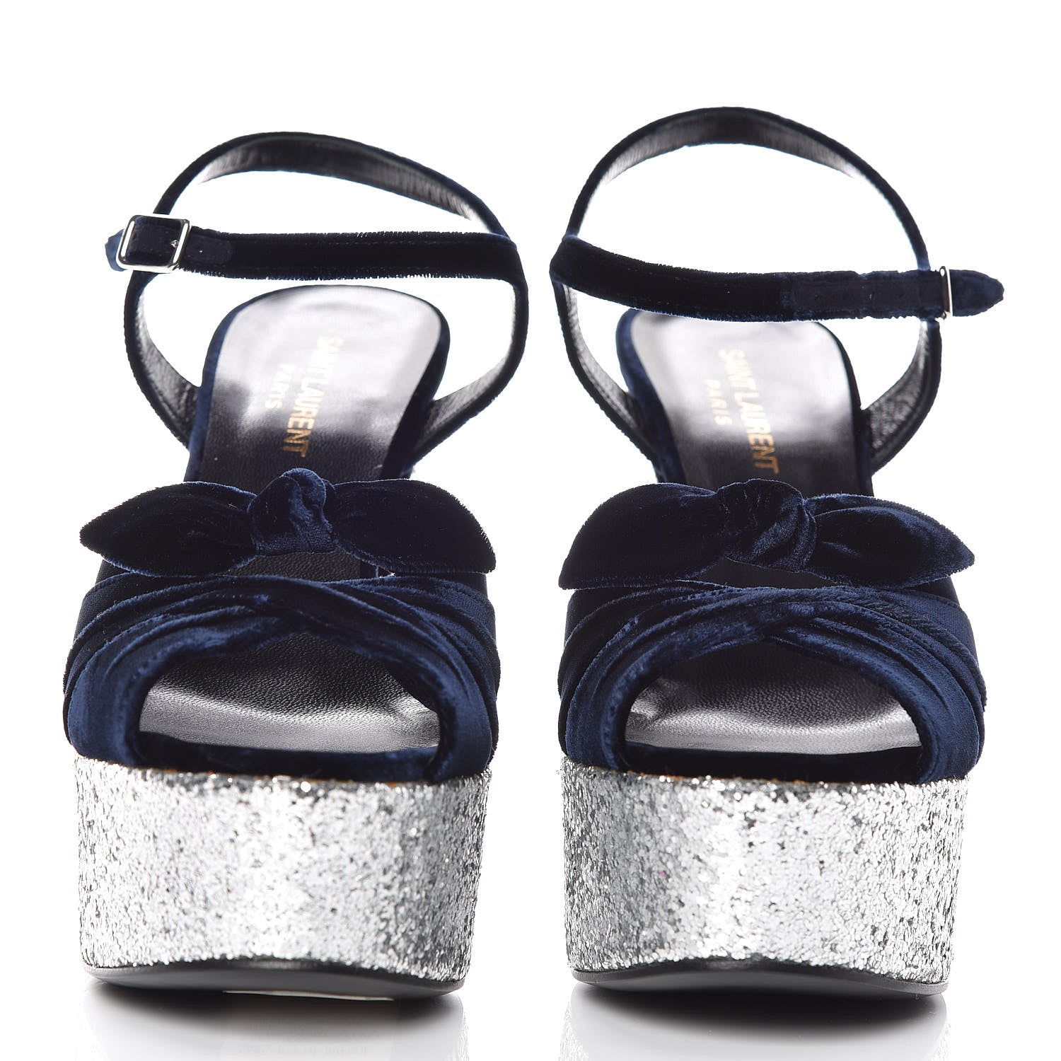 Saint Laurent Velvet Glitter Claire Candy Bow 80 Platform Sandal 37 Marine Argento 2 of 9