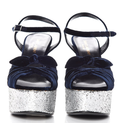 Saint Laurent Velvet Glitter Claire Candy Bow 80 Platform Sandal 37 Marine Argento 2 of 9