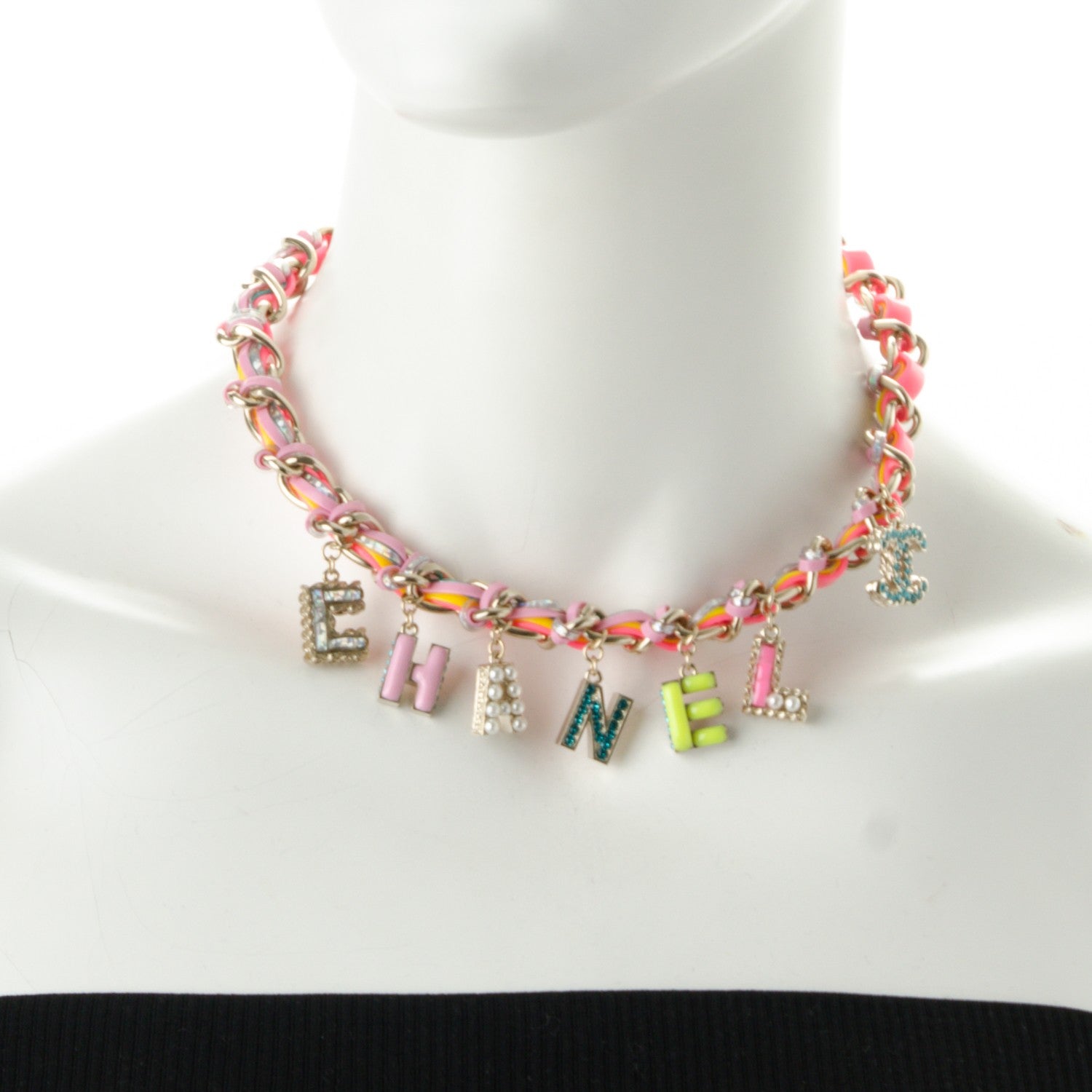 Chanel Metal Strass PVC Enamel CC Chain Link Choker Necklace Gold Blue Pink Yellow 2 of 5