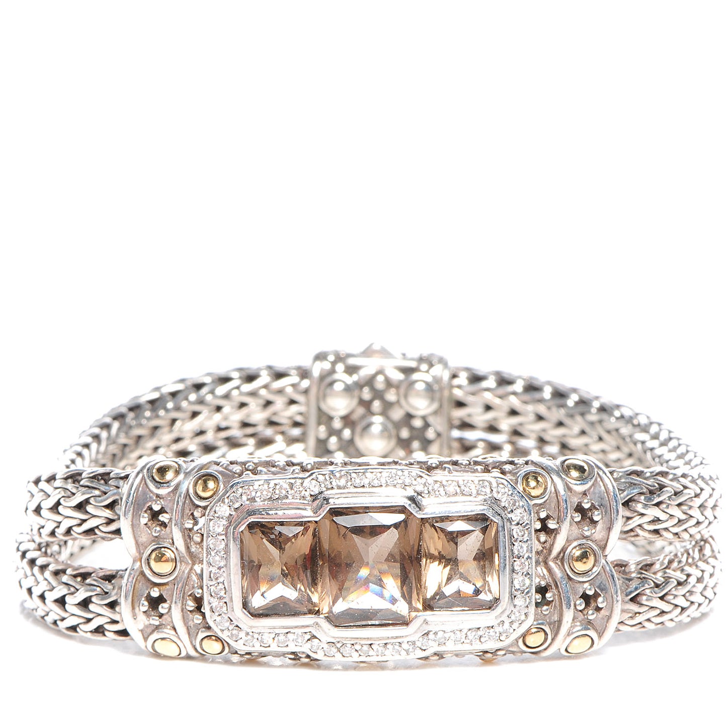 Sterling Silver 18K Gold Smoky Quartz Diamond Batu Sari Large Station Bracelet