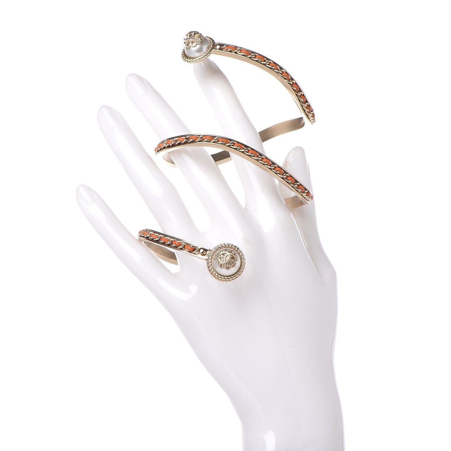 Lambskin Chain Pearl CC Cuff Bracelet Orange Gold
