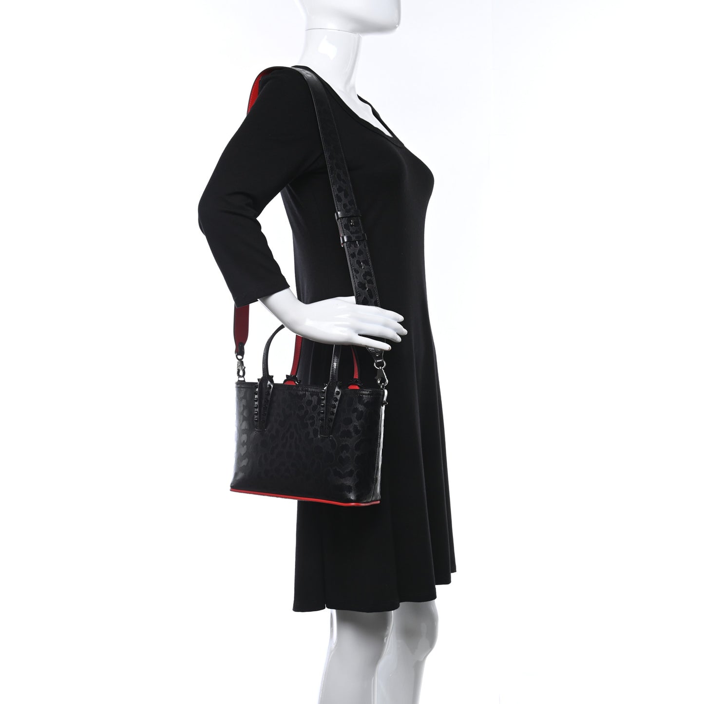 Patent Calfskin Leopard Print Spikes Mini East West Cabata Tote Black