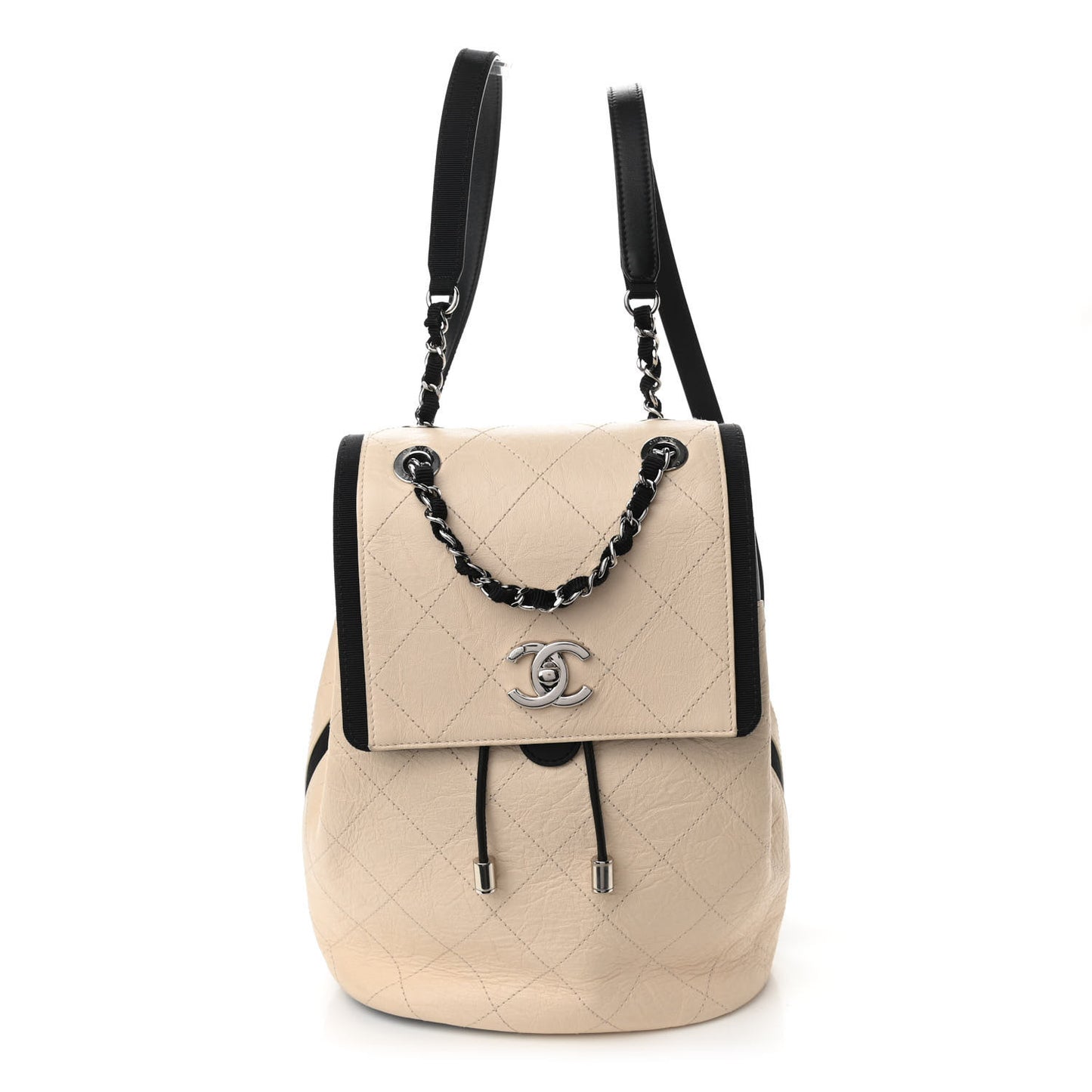 Crumpled Grained Calfskin Quilted Backpack Beige Ivory Black
