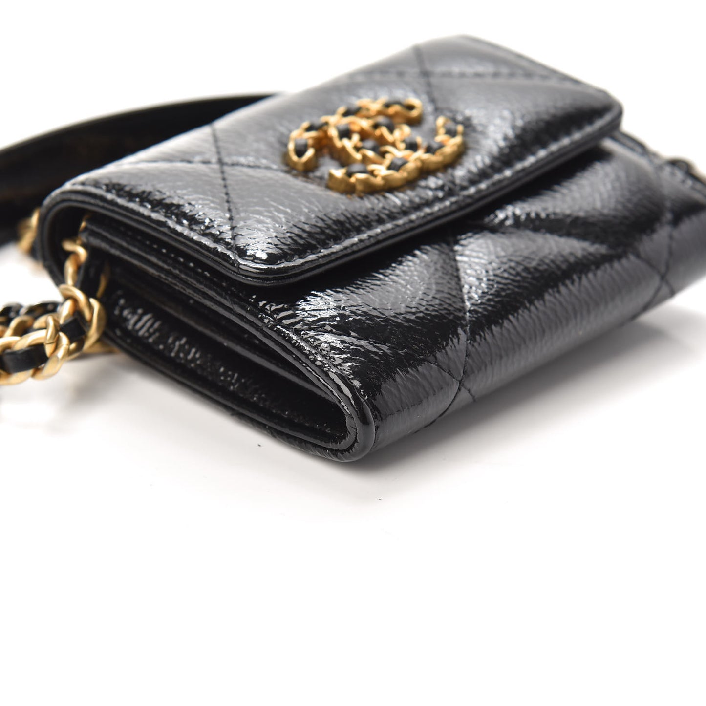 Shiny Crumpled Calfskin Quilted Chanel 19 Flap Coin Purse With Chain Black