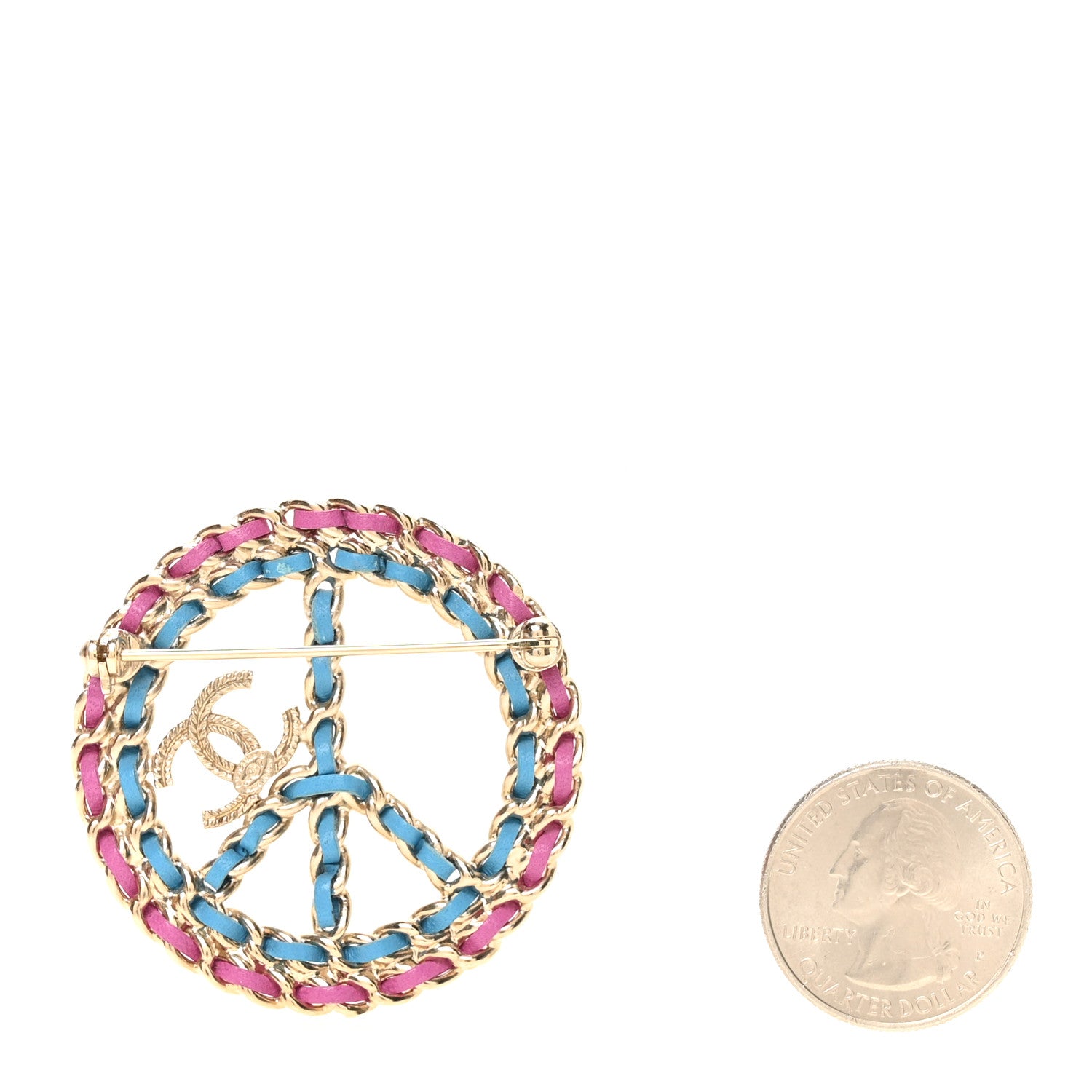 Chanel Metal Calfskin Braided Peace Sign CC Brooch Blue Purple Gold 2 of 3