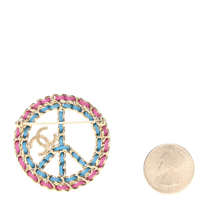 Chanel Metal Calfskin Braided Peace Sign CC Brooch Blue Purple Gold 2 of 3