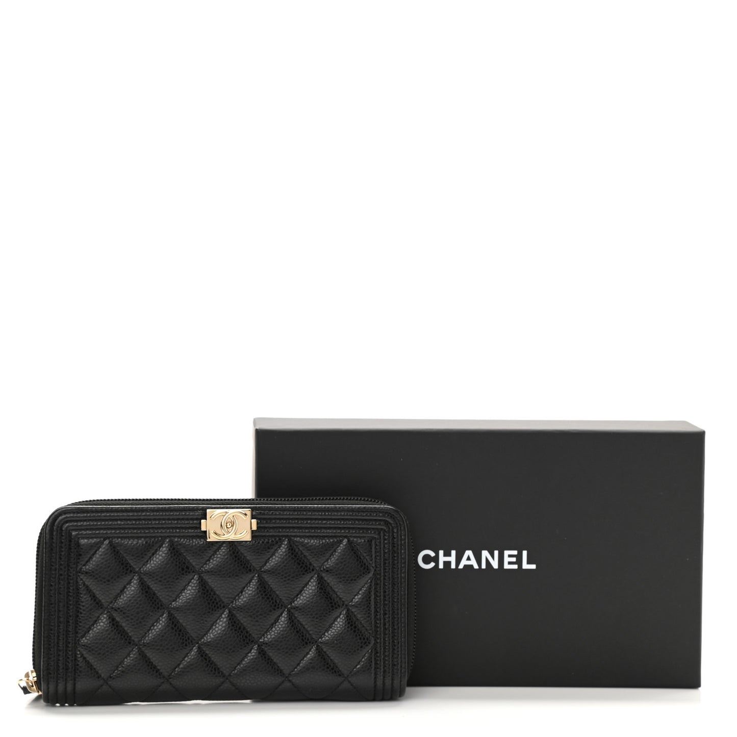 Caviar Quilted Boy Long Zip Around Wallet Black