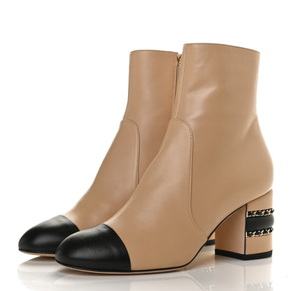 Chanel Lambskin Double Stack Chain Cap Toe Boots 37 Beige Black 3 of 11