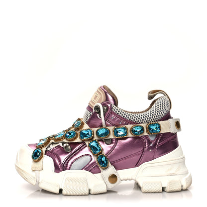 Gucci X SEGA Metallic Calfskin Mesh Removable Crystals Womens Flashtrek Sneakers 35.5 Rosa Great White Silver 1 of 9