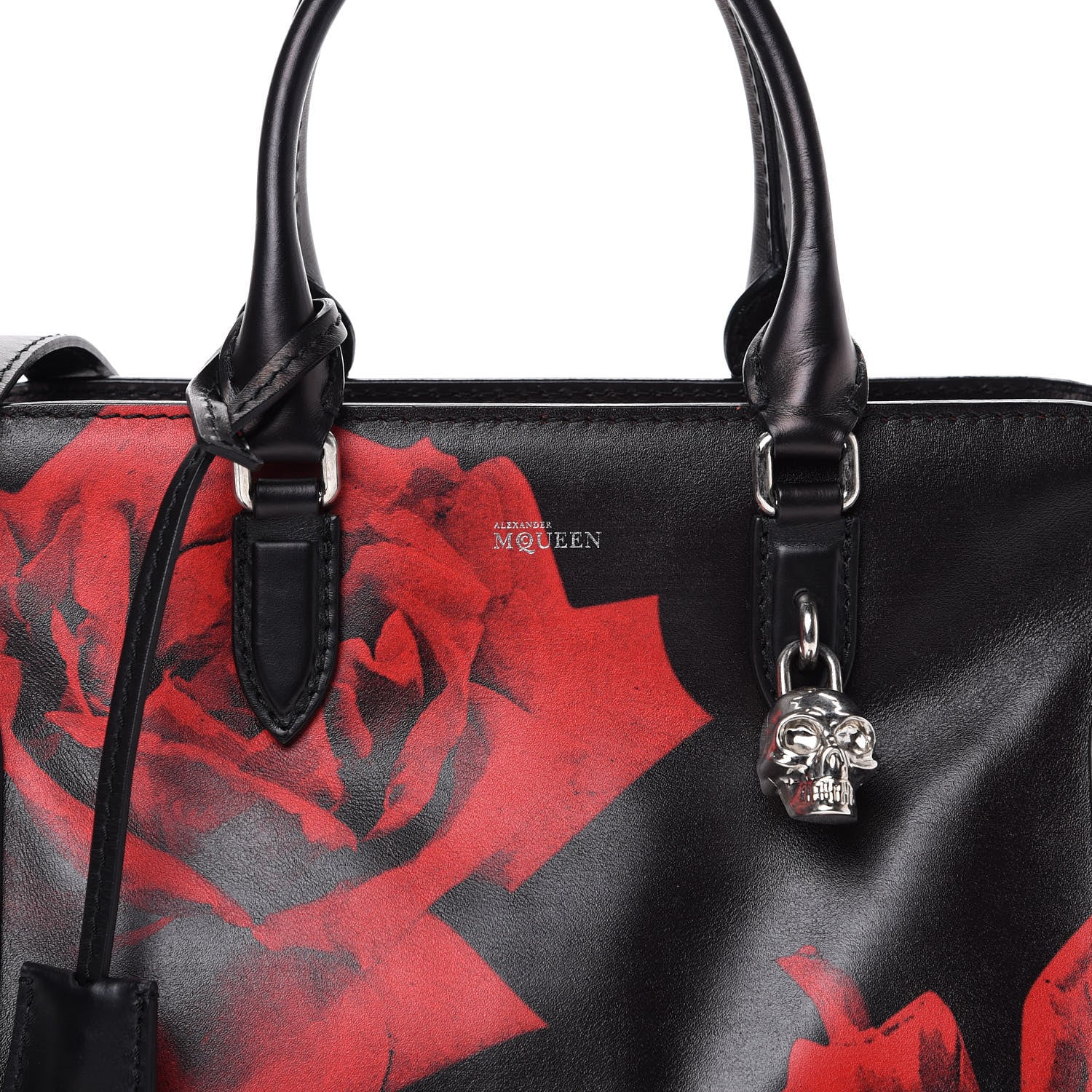 Alexander McQueen Calfskin Rose Printed Small Skull Padlock Zip Around Tote Black 7 of 12