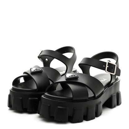 Prada Foam Rubber Metal Triangle Logo Monolith 55mm Soft Cage Sandals 37 Black 4 of 10