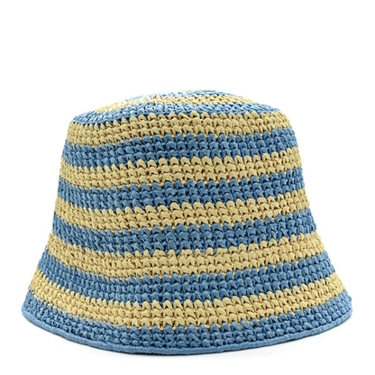 Prada Raffia Striped Logo Embroidered Womens Bucket Hat M Naturale Cielo 6 of 8