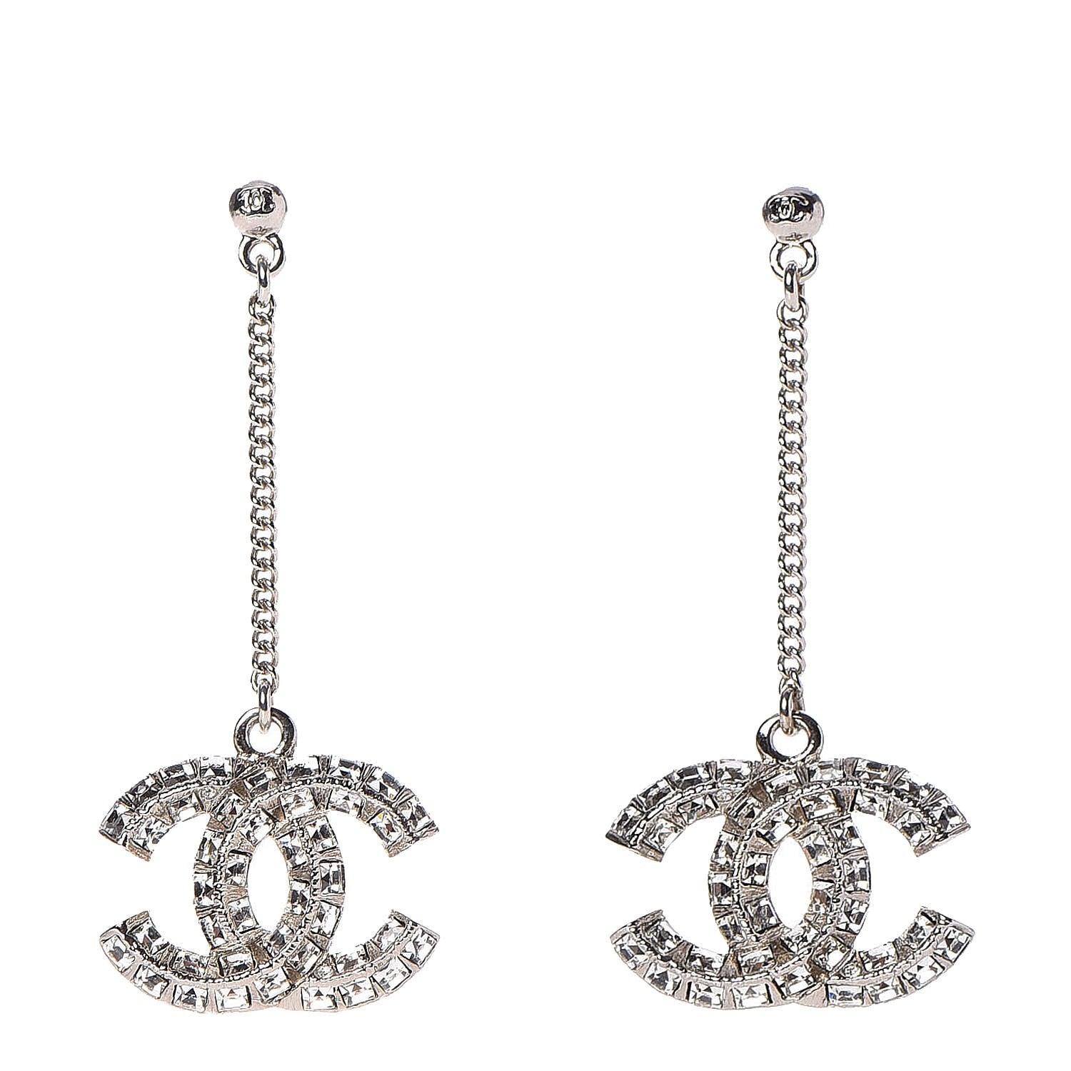Chanel Baguette Crystal CC Dangle Earrings Silver 1 of 4