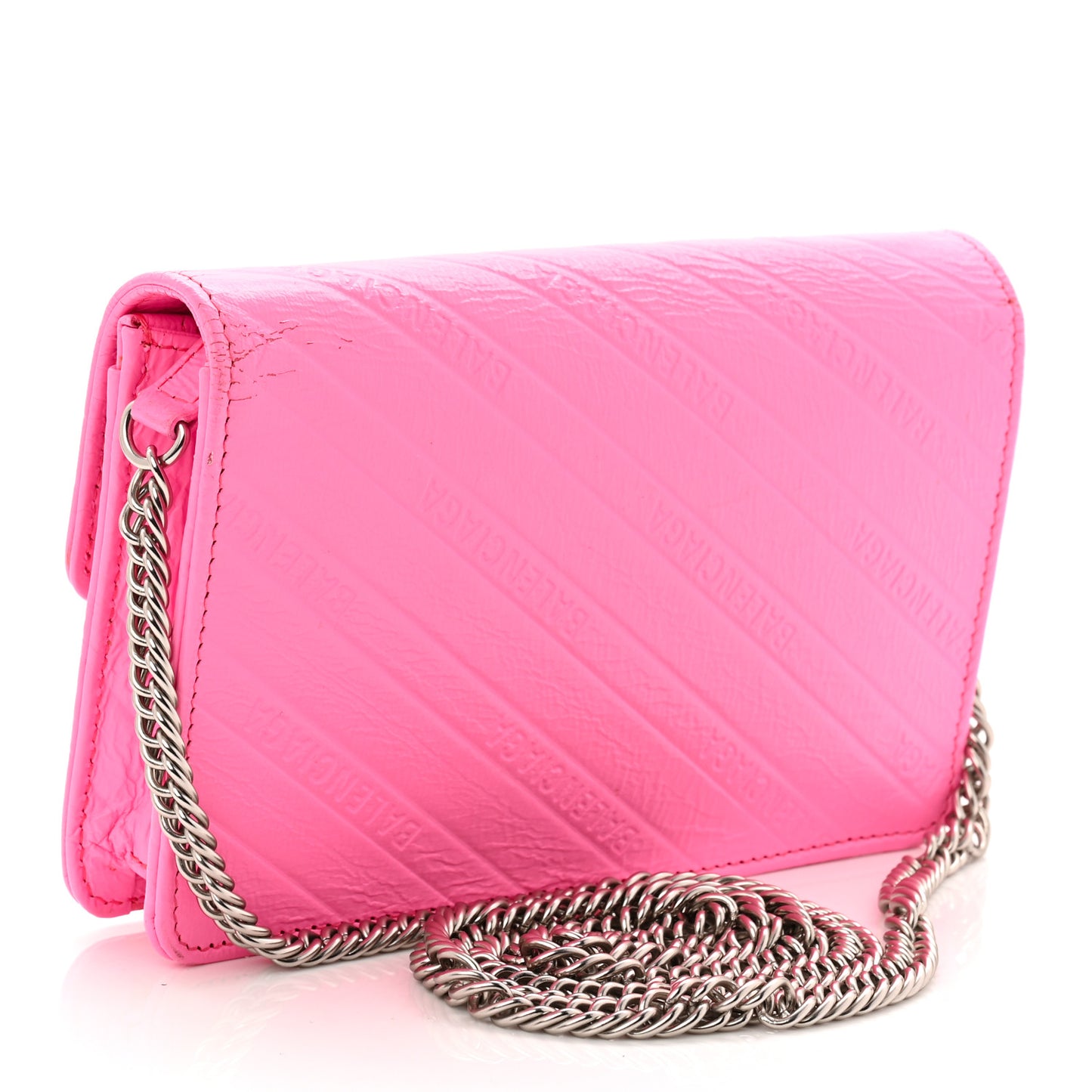 Shiny Goatskin Logo Embossed BB Wallet On Chain Acid Pink