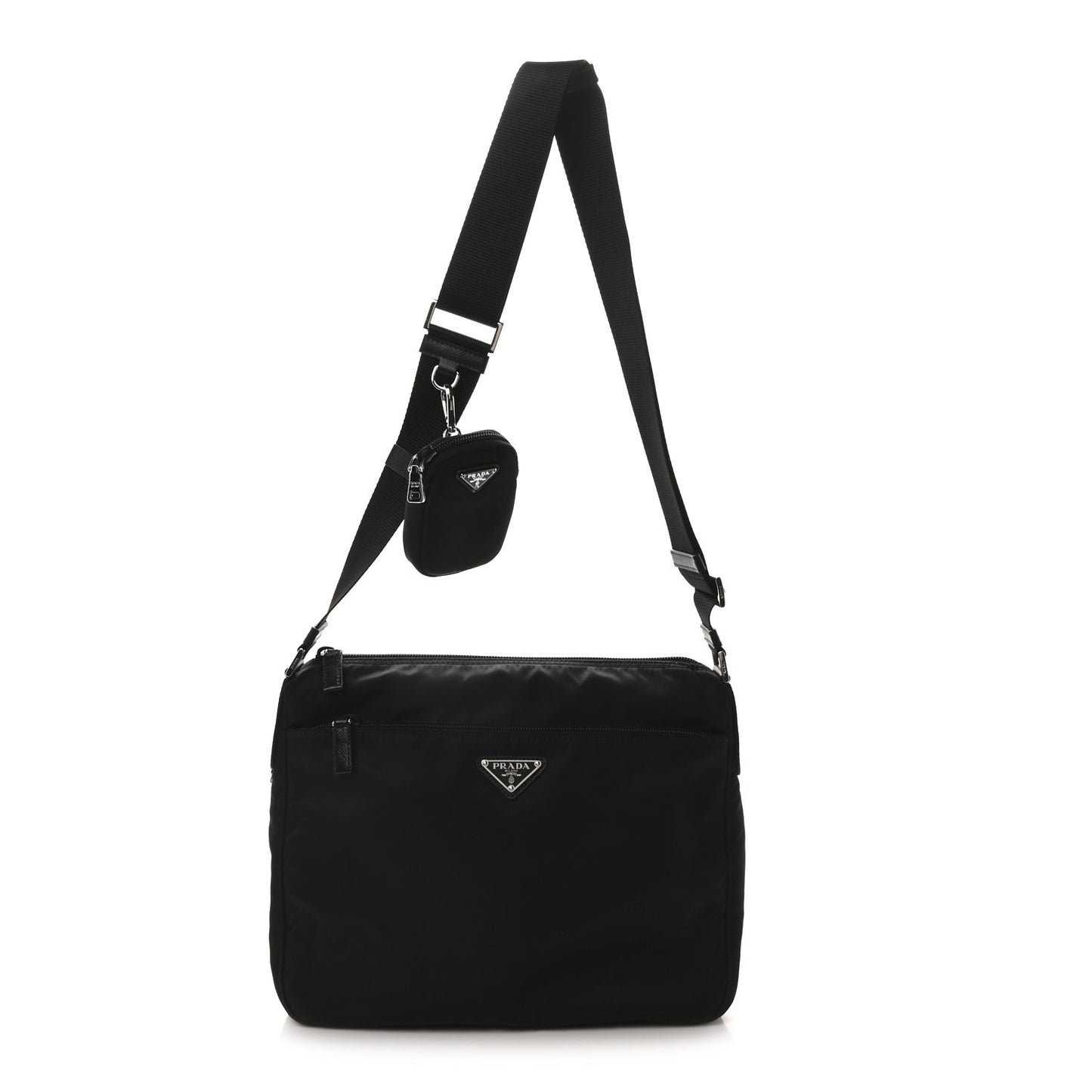 Re-Nylon Vela Saffiano Pocket Double Zip Messenger Bag Black