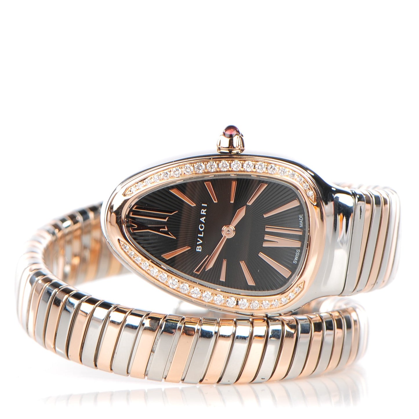 Stainless Steel 18K Rose Gold Diamond Bezel 35mm Serpenti Tubogas Quartz Watch Black
