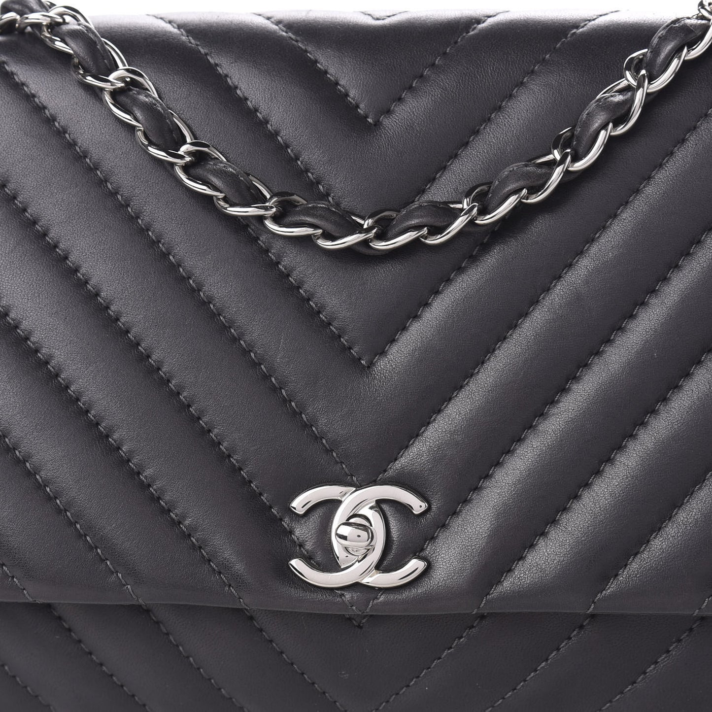 Lambskin Chevron Quilted Large Surpique Flap Dark Grey