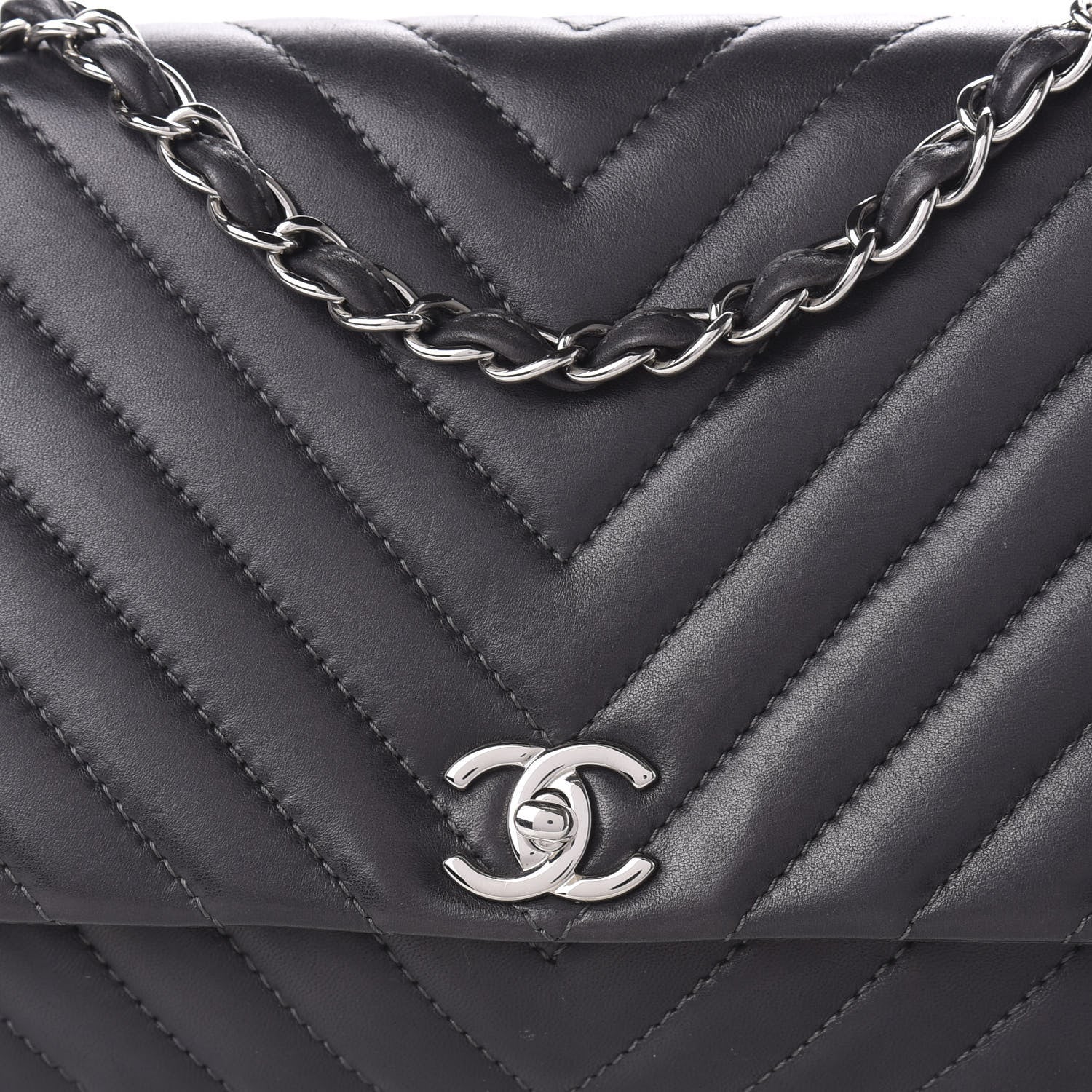 Chanel Lambskin Chevron Quilted Large Surpique Flap Dark Grey 10 of 11
