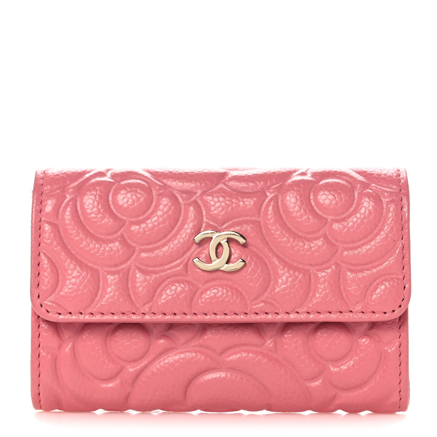 Caviar Camellia Embossed Card Holder Wallet Pink