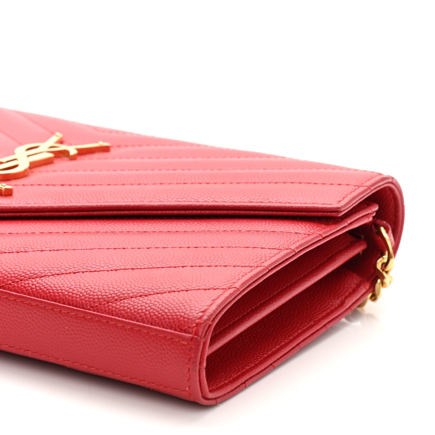 Saint Laurent Grain De Poudre Matelasse Chevron Monogram Chain Wallet New Red 10 of 10
