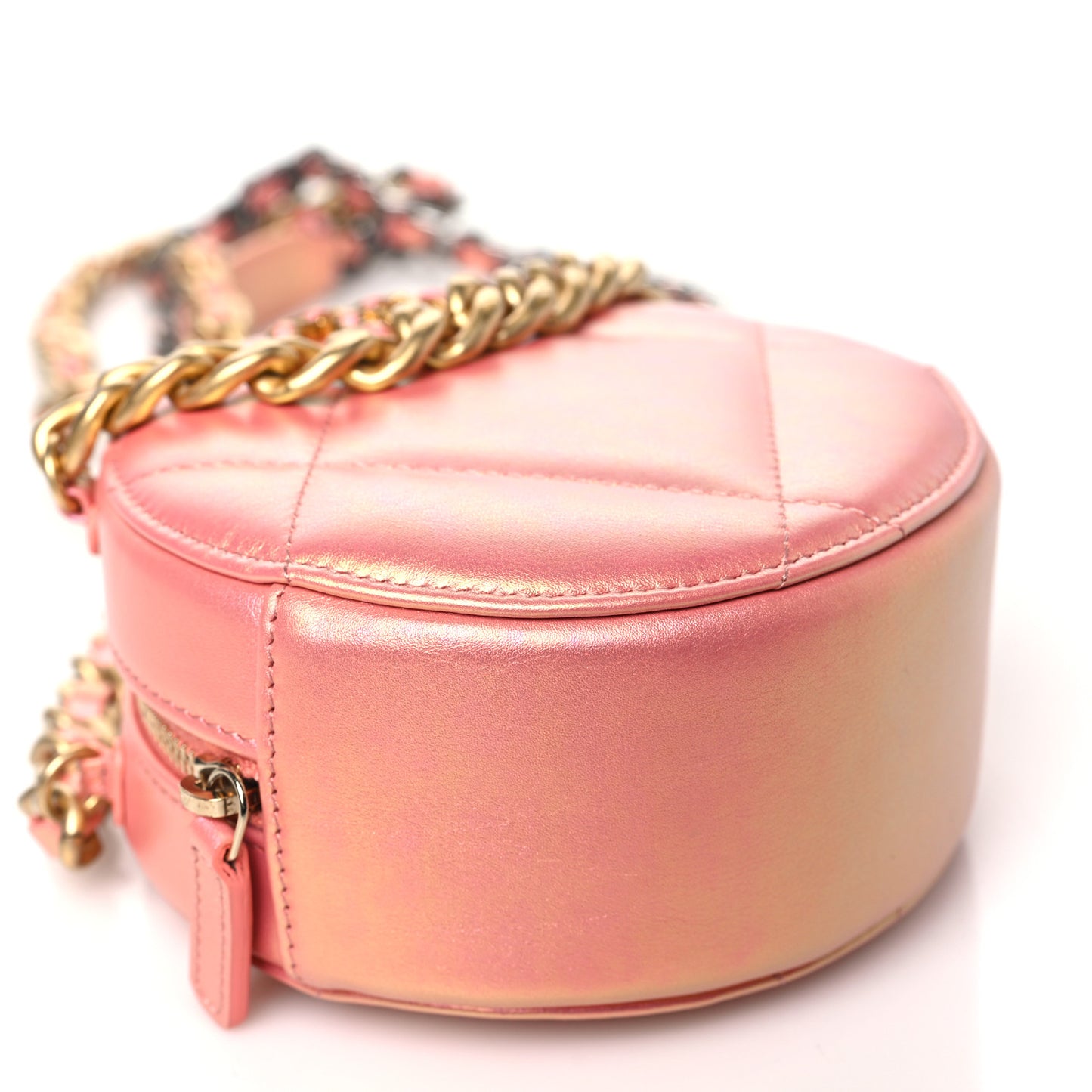 Iridescent Calfskin Quilted Chanel 19 Round Clutch With Chain Pink