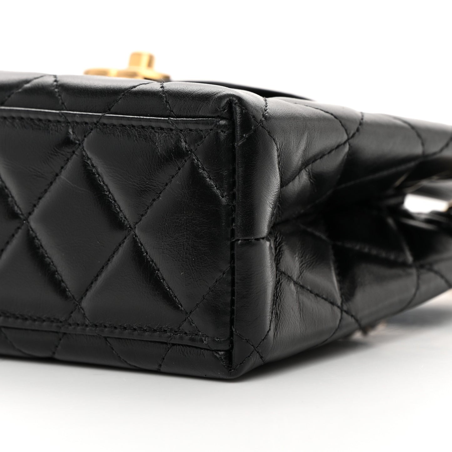 Shiny Aged Calfskin Quilted Nano Kelly Shopper Black