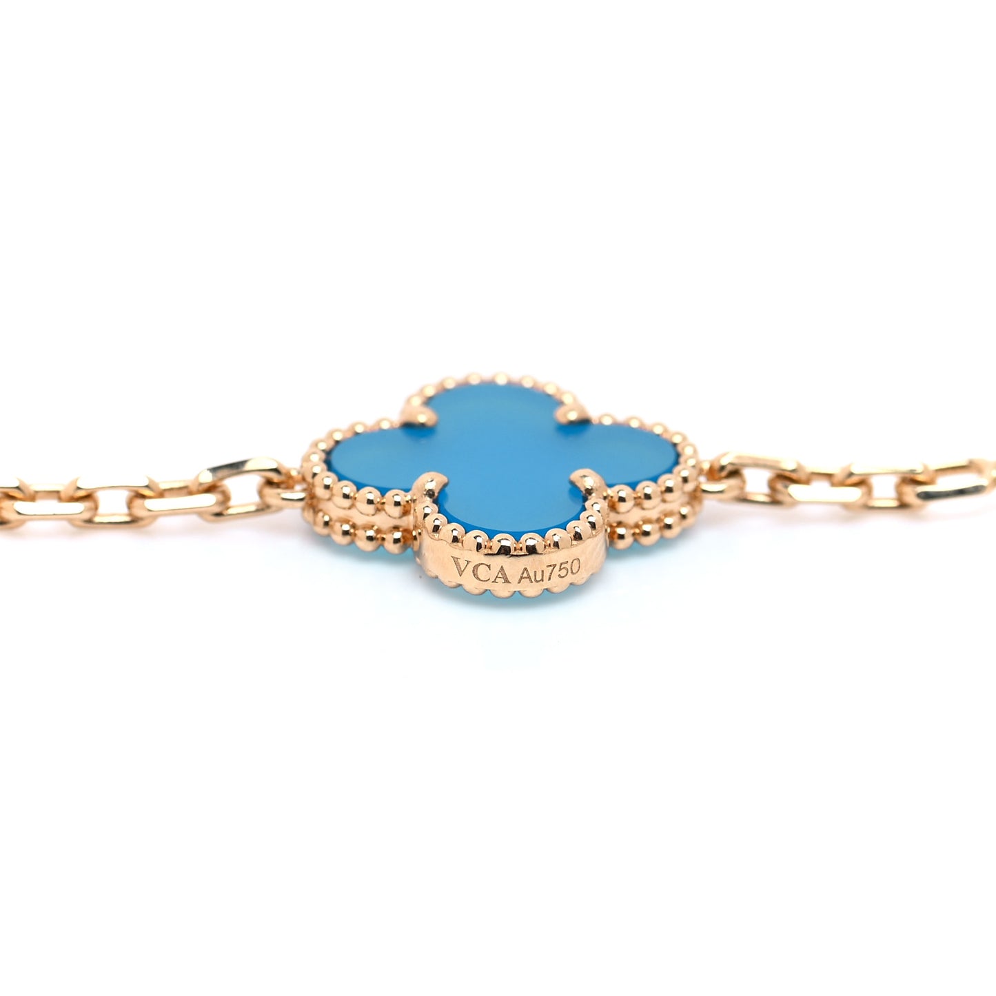 18K Yellow Gold Blue Agate 20 Motifs Vintage Alhambra Necklace
