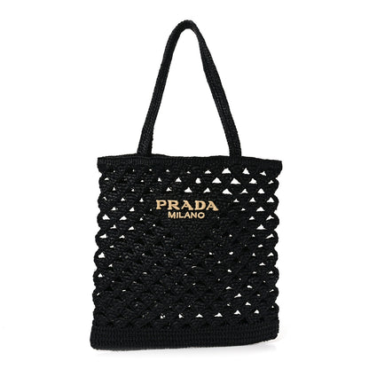 Prada Yarn Raffia Effect Embroidered Logo Tote Black 1 of 8