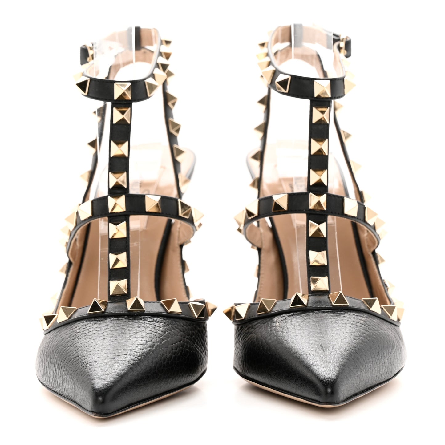 Pebbled Calfskin Rockstud Ankle Strap 100mm Pumps 37.5 Black