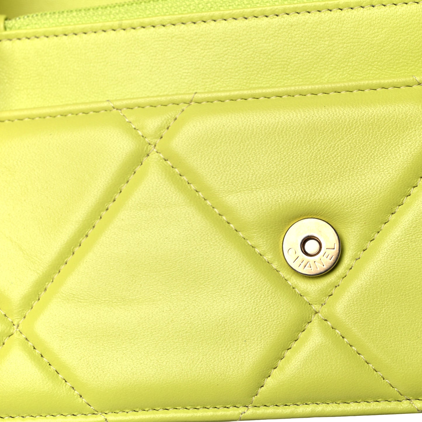Shiny Lambskin Quilted Chanel 19 Wallet On Chain WOC Neon Yellow