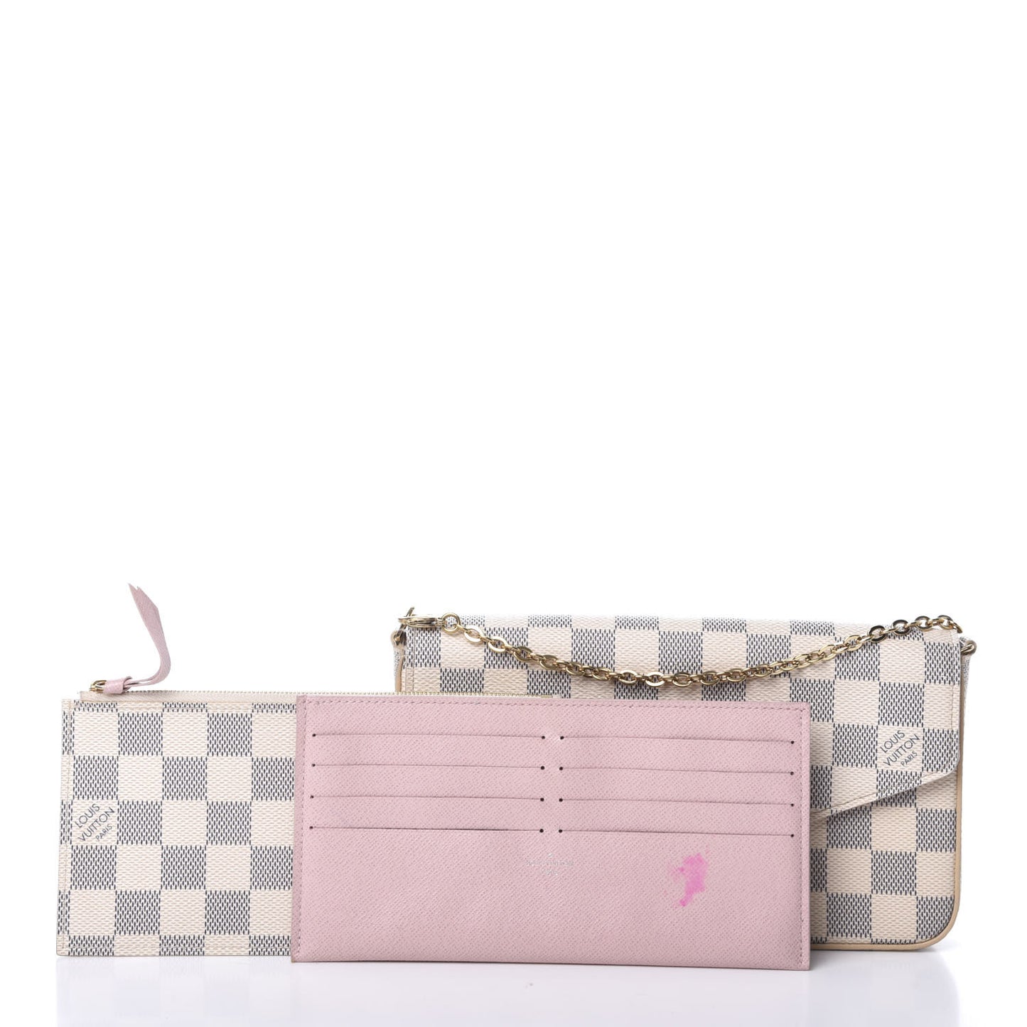 Damier Azur Pochette Felicie Chain Wallet Rose Ballerine