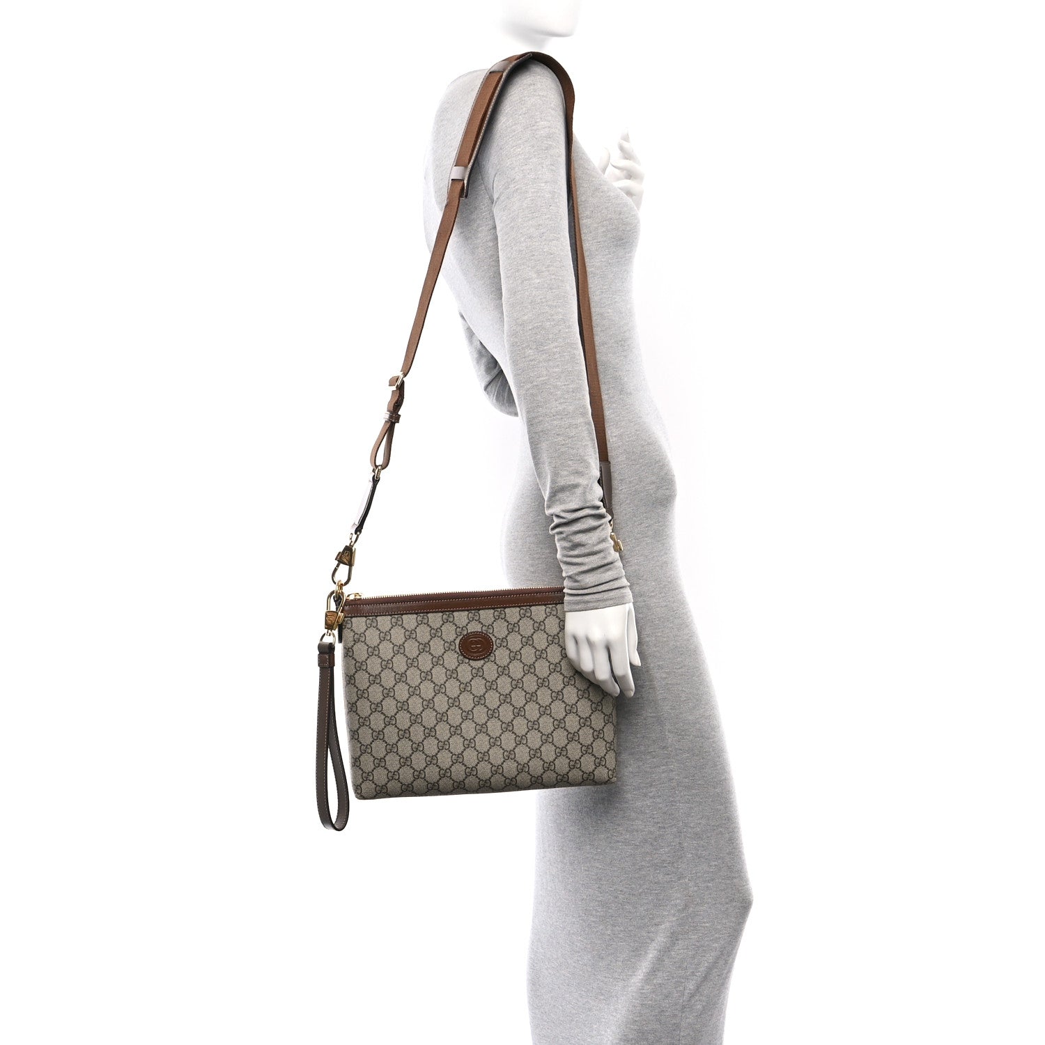 Gucci GG Supreme Monogram Azalea Calfskin Retro Interlocking G Wristlet Messenger Bag Beige Ebony Brown Sugar 2 of 10