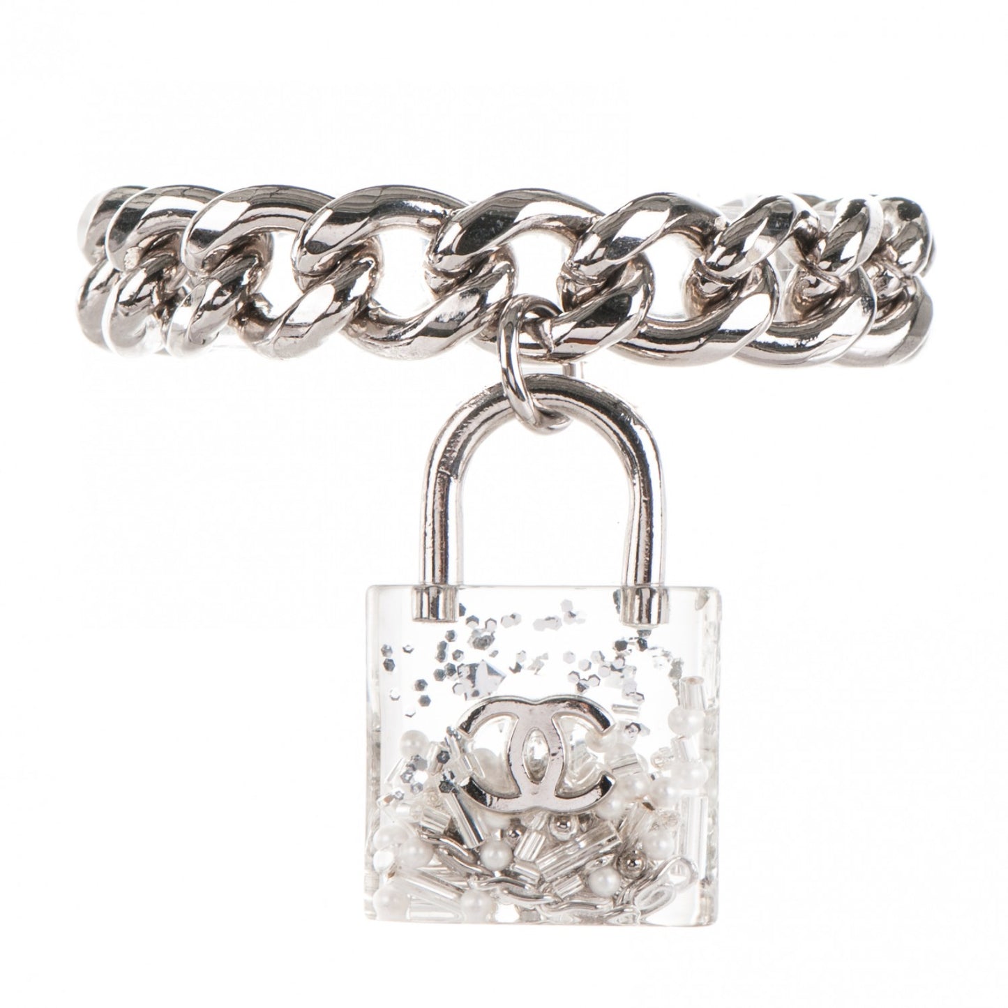 Plexiglass Pearl CC Padlock Bracelet Silver