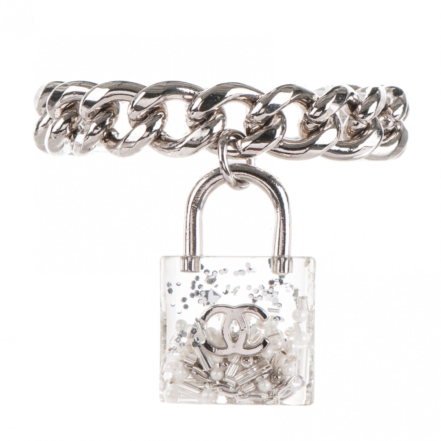 Chanel Plexiglass Pearl CC Padlock Bracelet Silver 1 of 4