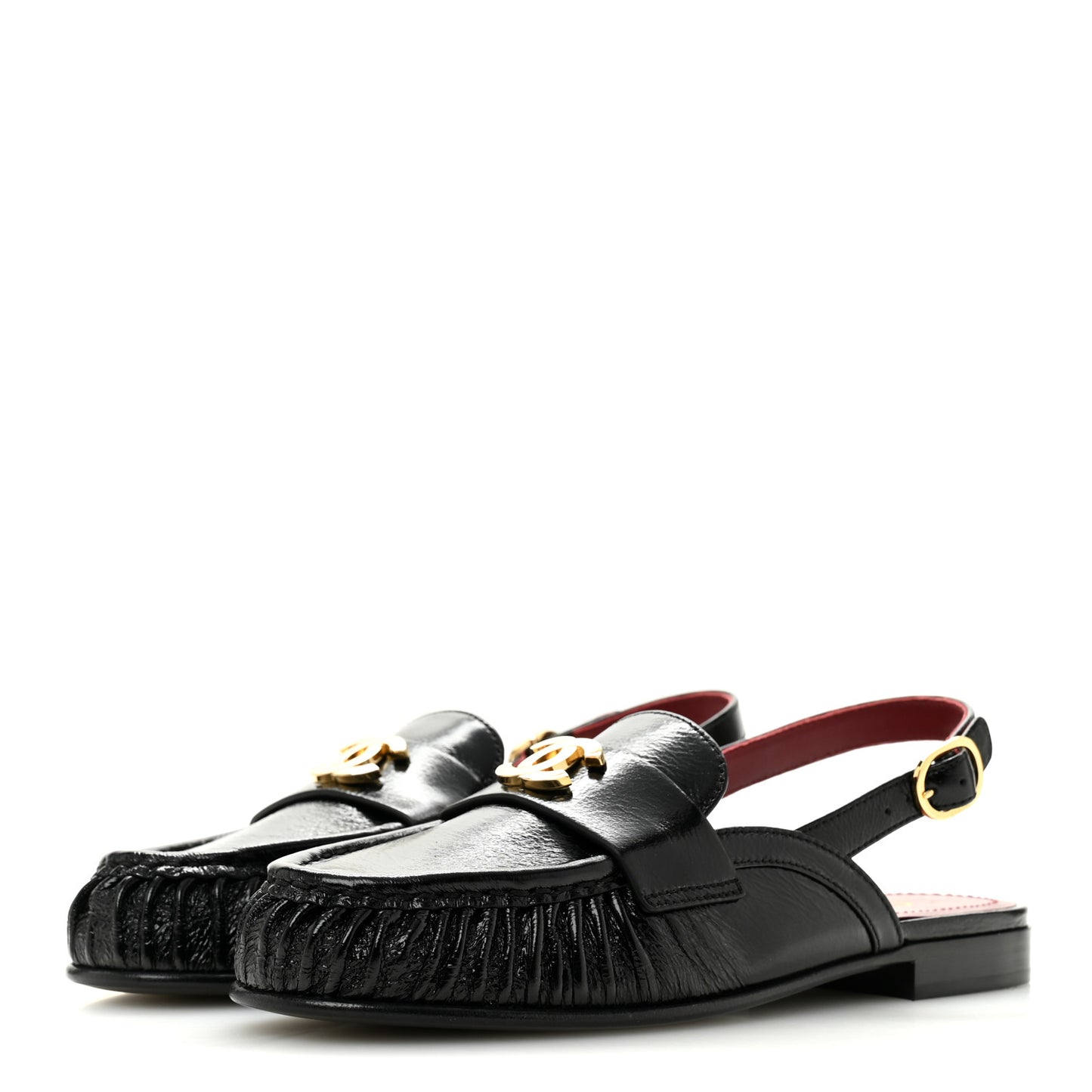 Crumpled Shiny Lambskin CC Slingback Mocassins 38 Black