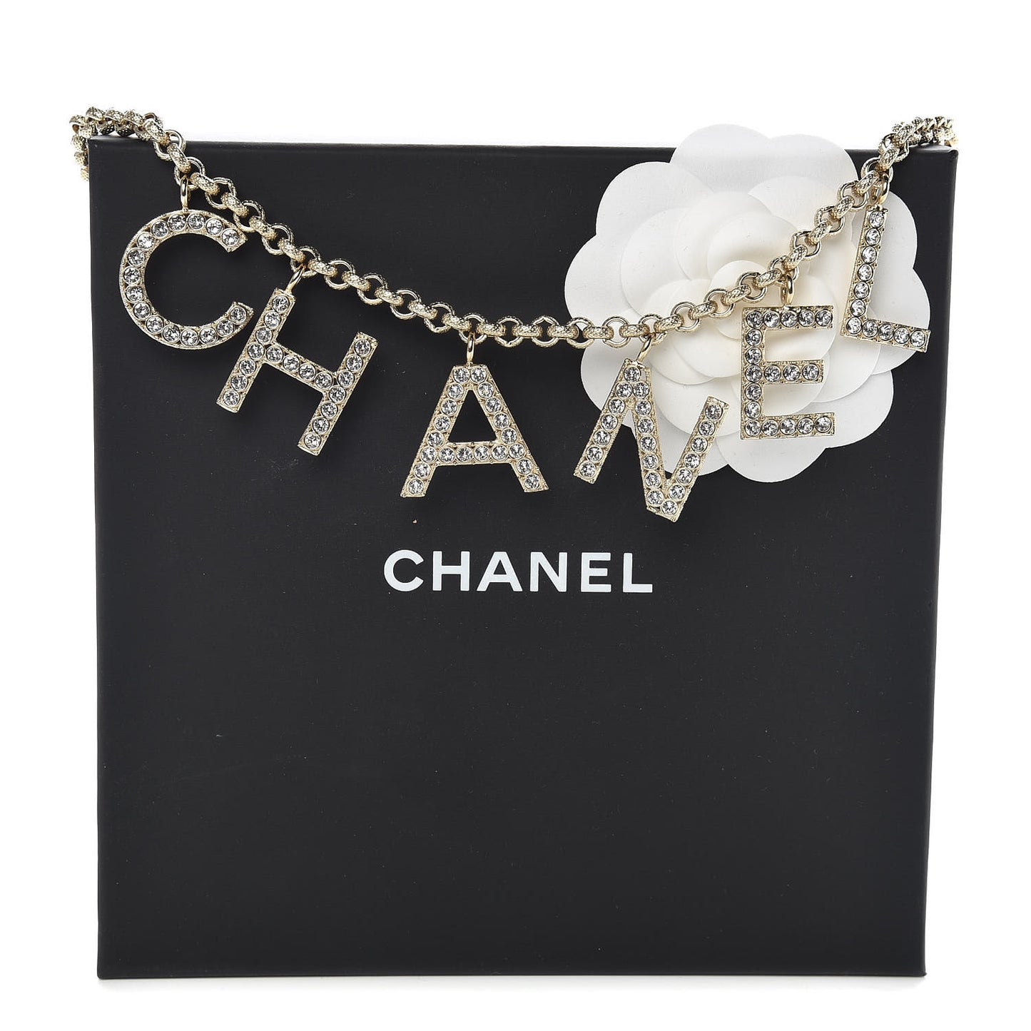 Metal Crystal Cha-Nel Logo Necklace Gold
