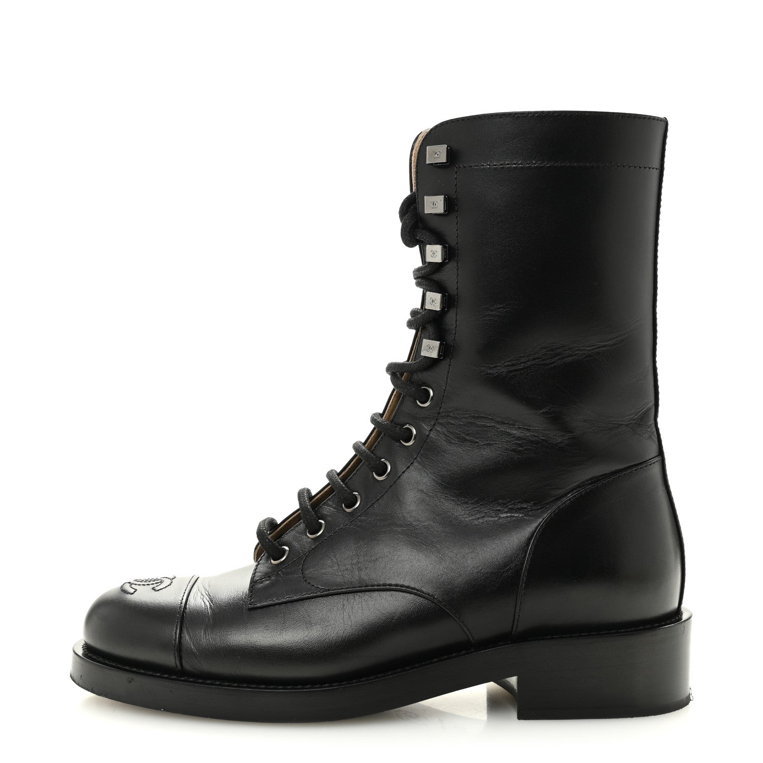Chanel Calfskin Lace Up Combat Boots 37.5 Black 1 of 13