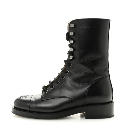 Chanel Calfskin Lace Up Combat Boots 37.5 Black 1 of 13