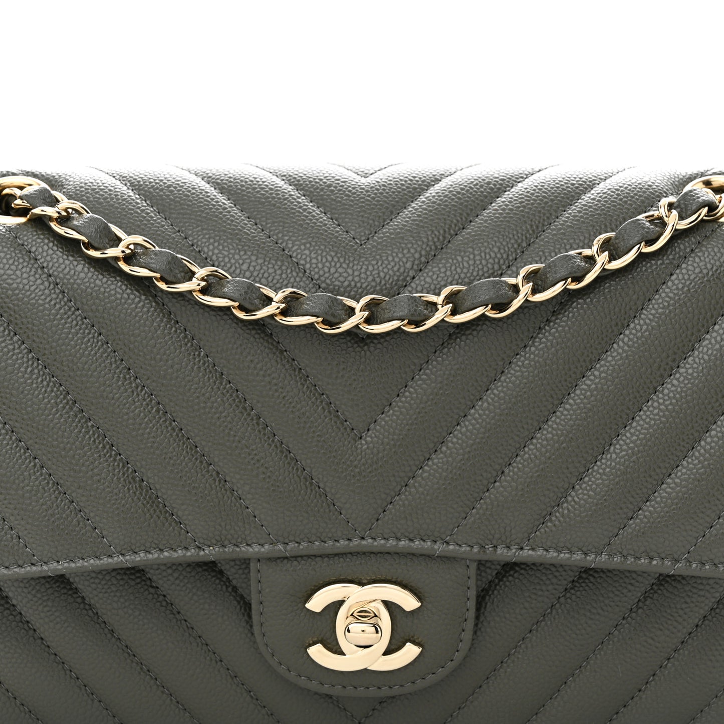 Caviar Chevron Quilted Medium Double Flap Dark Grey