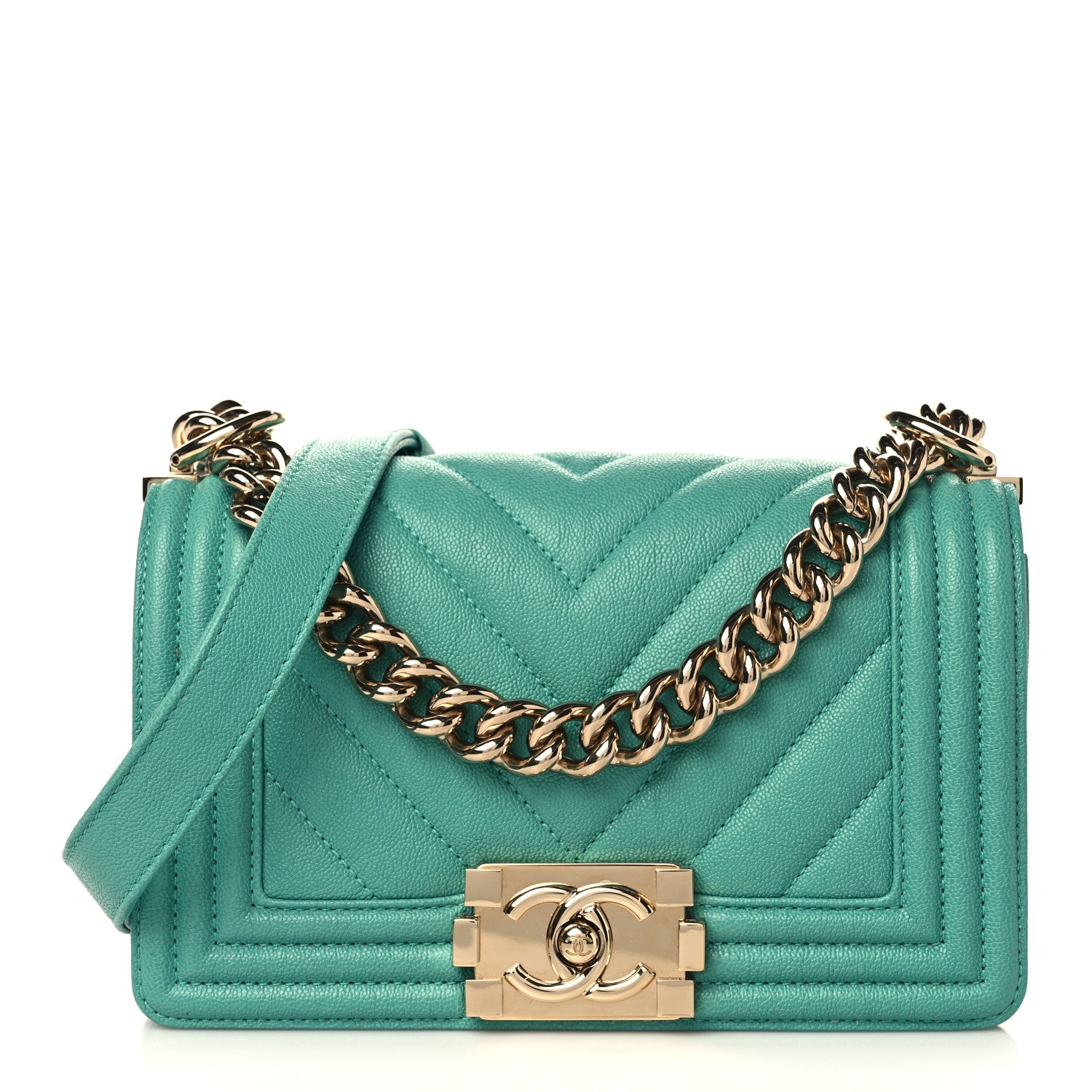 Chanel Caviar Chevron Quilted Small Boy Flap Green 1 of 9