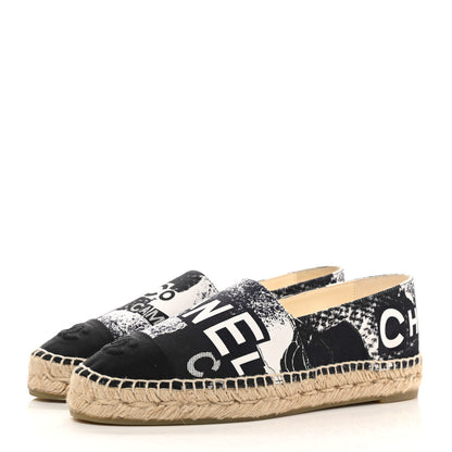 Chanel Printed Canvas Grosgrain 31 Rue Cambon Espadrilles 38 Black White 3 of 9